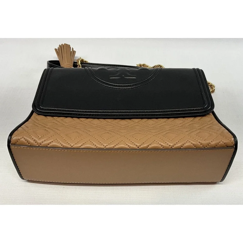 Tory Burch Fleming Quilted Colorblock Convertible Leather Shoulder Bag Black Tan